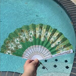 Green and Gold Floral Hand Fan